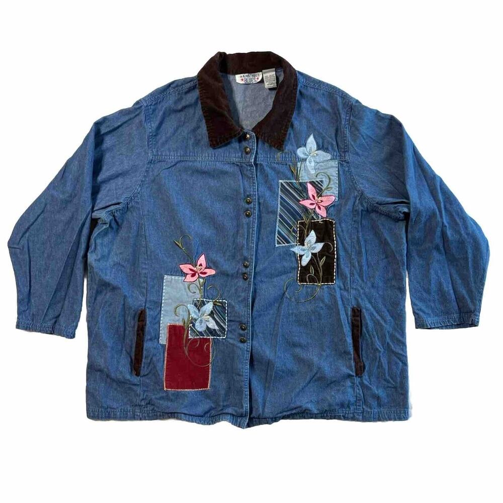 Mainstreet Blues Denim Jacket Size 24 Patchwork Embroidered Floral Velvet Collar